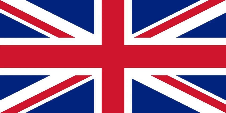 Storbritanniens flagga — Union Jack: de kombinerade korsen för Sankt Göran, Sankt Andreas och Sankt Patrik i rött, vitt och blått.